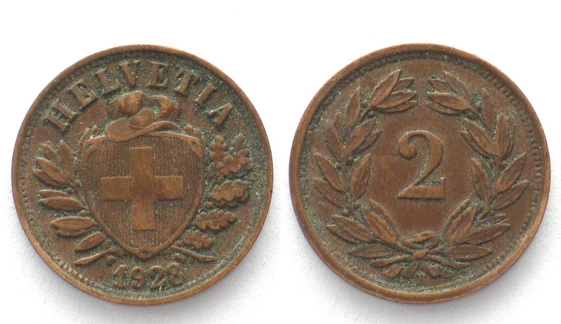 Tutti le monete: CH 2 Rappen 1928 Bronze SELTEN! – Usato da Riehen venduto da sesambestcoins2004