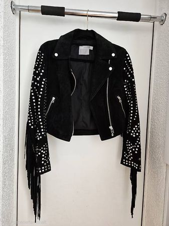 Rockige Echtwildlederjacke mit Fransen und Nieten Grösse S