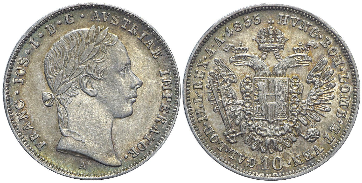 Tutti le monete: 10 Kreuzer 1855 A, Wien – Usato da Chiasso venduto da Novamarketing