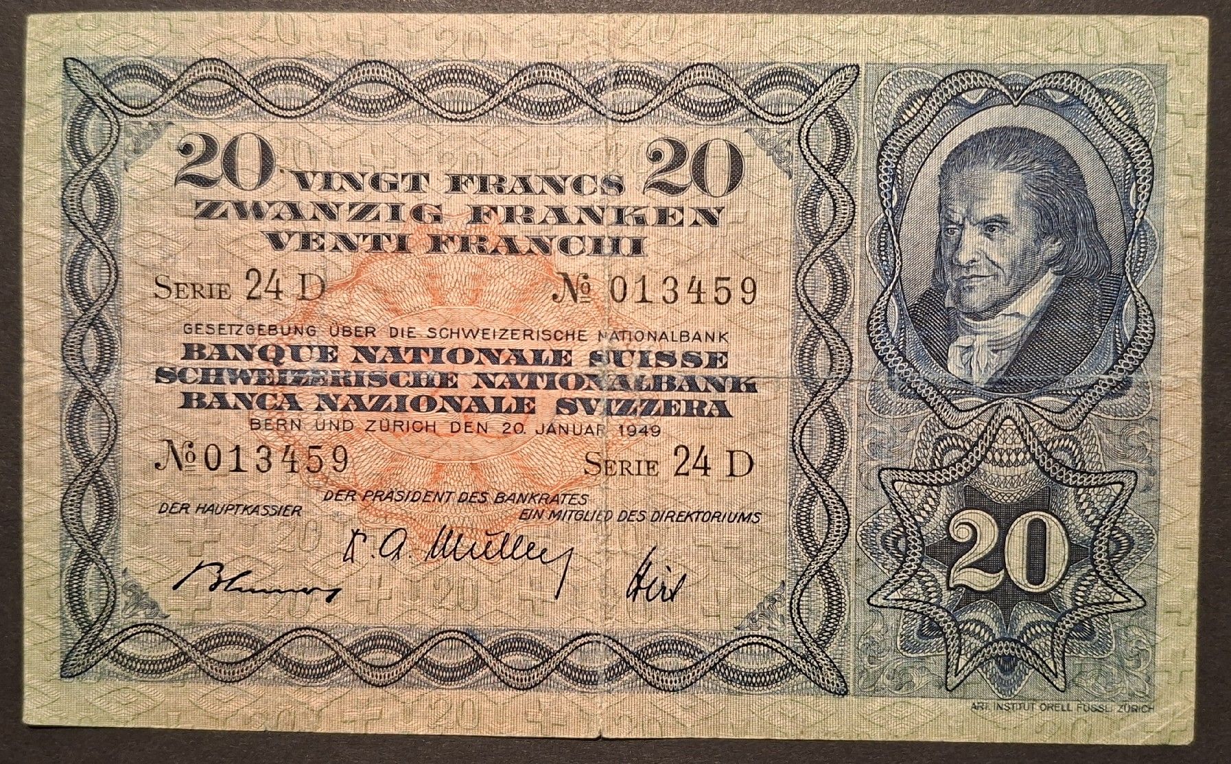 Banconote: 20 Franken Banknote Schweiz 1949 – Usato da Rümlang venduto da Xmas