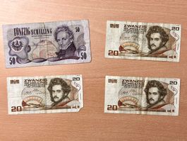 Österreich Schilling-Banknoten – 3×20 + 1×50 zirkuliert