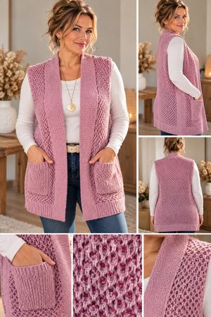 Damen Strickweste Gr. 42 Rosa Altrosa Longweste Taschen 700