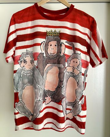 T-Shirt Rot Weiss gestreift Affen Print Grösse M
