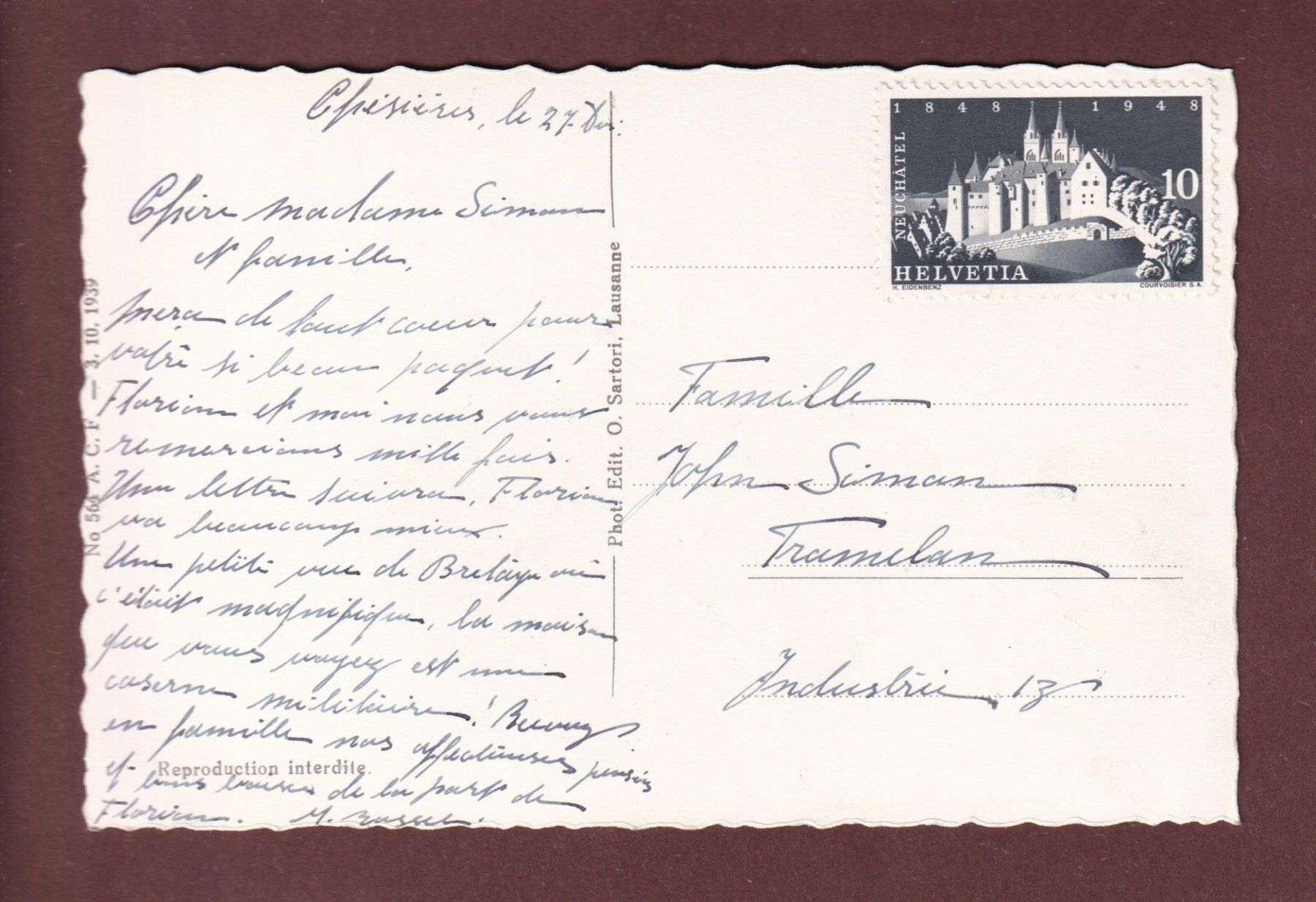 Ansichtskarten: BRETAYE - 1948 – Gebraucht aus Pully von nicecards-shop 1