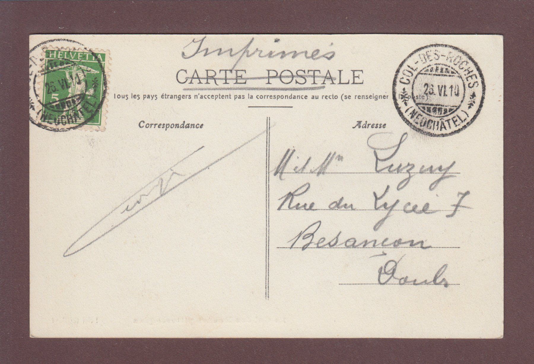 Cartoline postali: COL DES ROCHES - Animation - 1910 – Usato da Pully venduto da nicecards 1