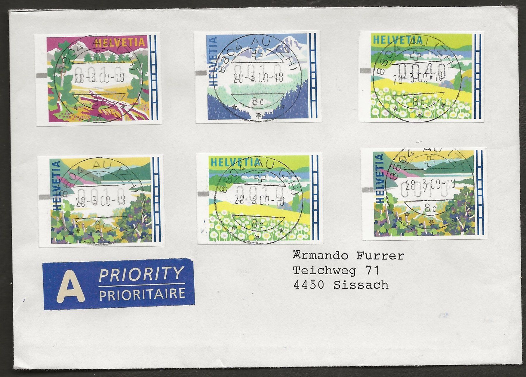 Alle Briefmarken: Brief Schweiz 2000 Automatenmarken – Gebraucht aus Au ZH von xelagreb01