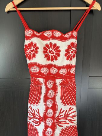 Farm Rio Linen Dress Red White Floral Print Size XS New