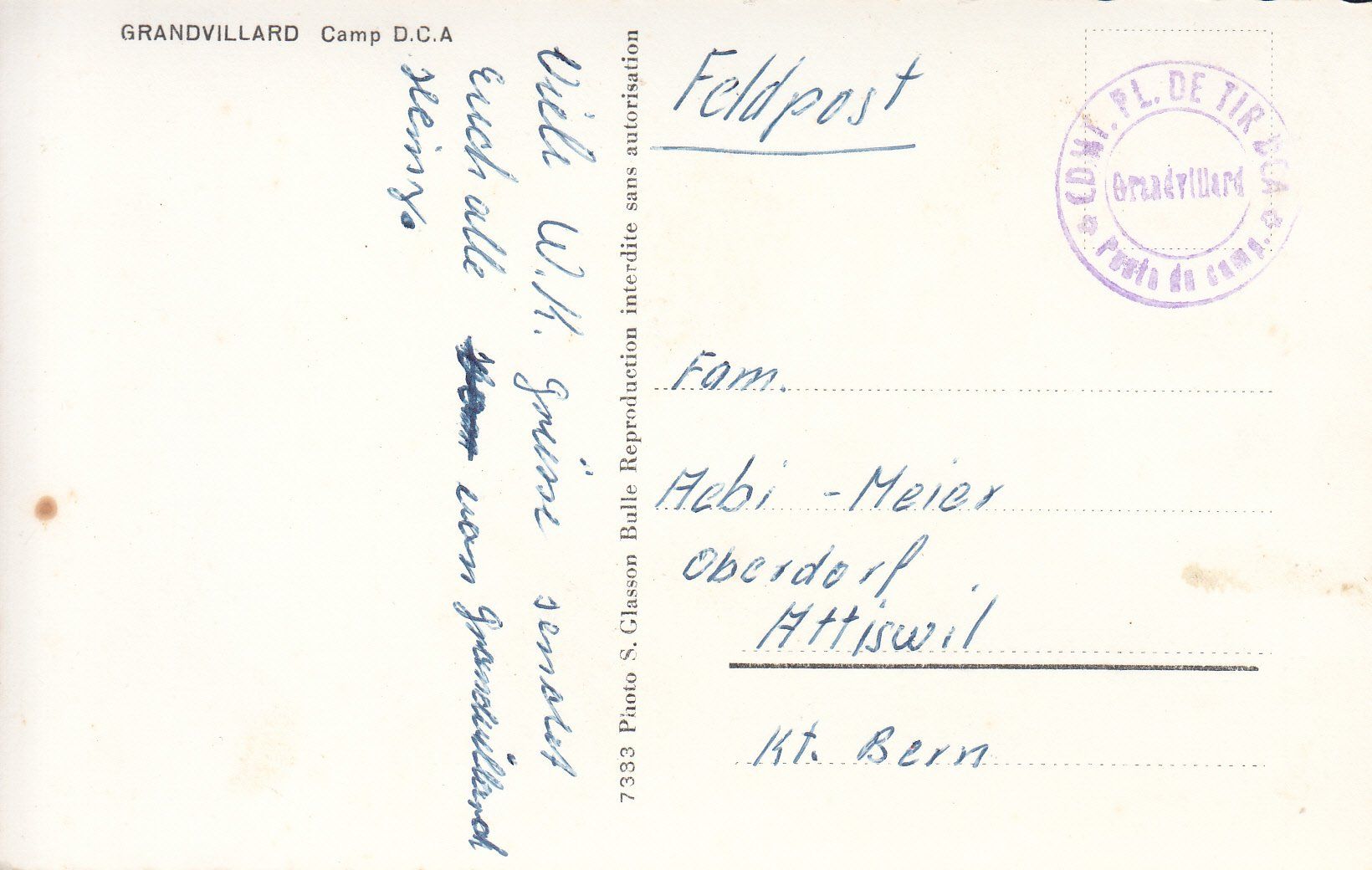 Cartoline postali: Grandvillard Camp D.C.A.  ca. 1950 – Usato da Bürglen TG venduto da StampGraf 1