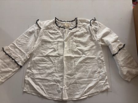 Leinenbluse Weiss mit schwarzer Spitze Gr. 140 Top Sommer-Lo