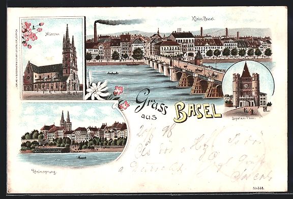 Cartoline postali: Litho Basel, Münster, Spalen-Tor, Rhein – Usato da Berlin venduto da bartko-reher
