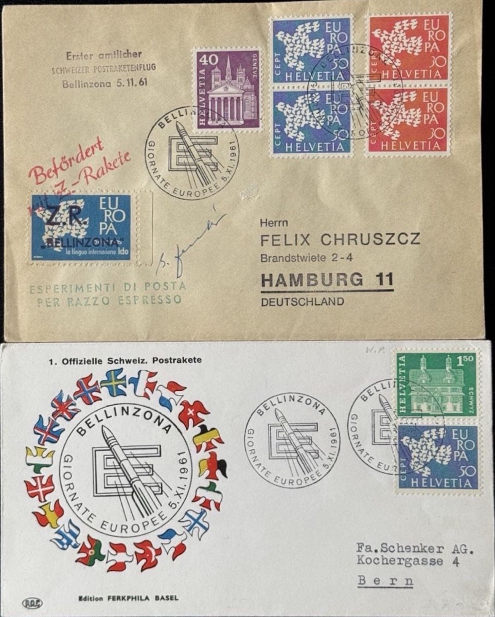 Tutti i francobolli: 2 Briefumschläge Schweizer Postrakete 1961 gebraucht – Usato da birsfelden venduto da tim0444