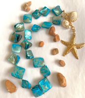 SALE HANDMADE HALSKETTE PERLENKETTE PERLMUTT SEESTERN TÜRKIS