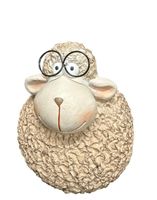 Dekofigur Schaf sitzend braun mit Brille aus Metall