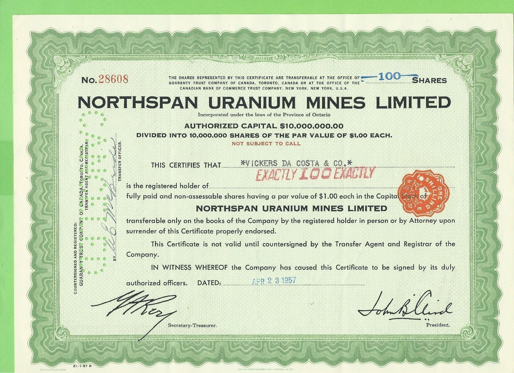 Alle Münzen: Northspan Uranium Mines Limited, 1957 – Gebraucht aus Zürich von t24_de