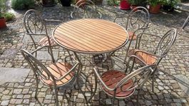 Tisch rund mit 6 Stühlen und Polstern, für Terrasse, Balkon