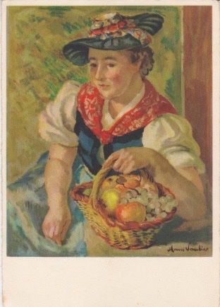Cartoline postali: Walliser Trachtenfrau mit Früchtekorb. 1950 – Usato da Schlieren venduto da Rapaelli