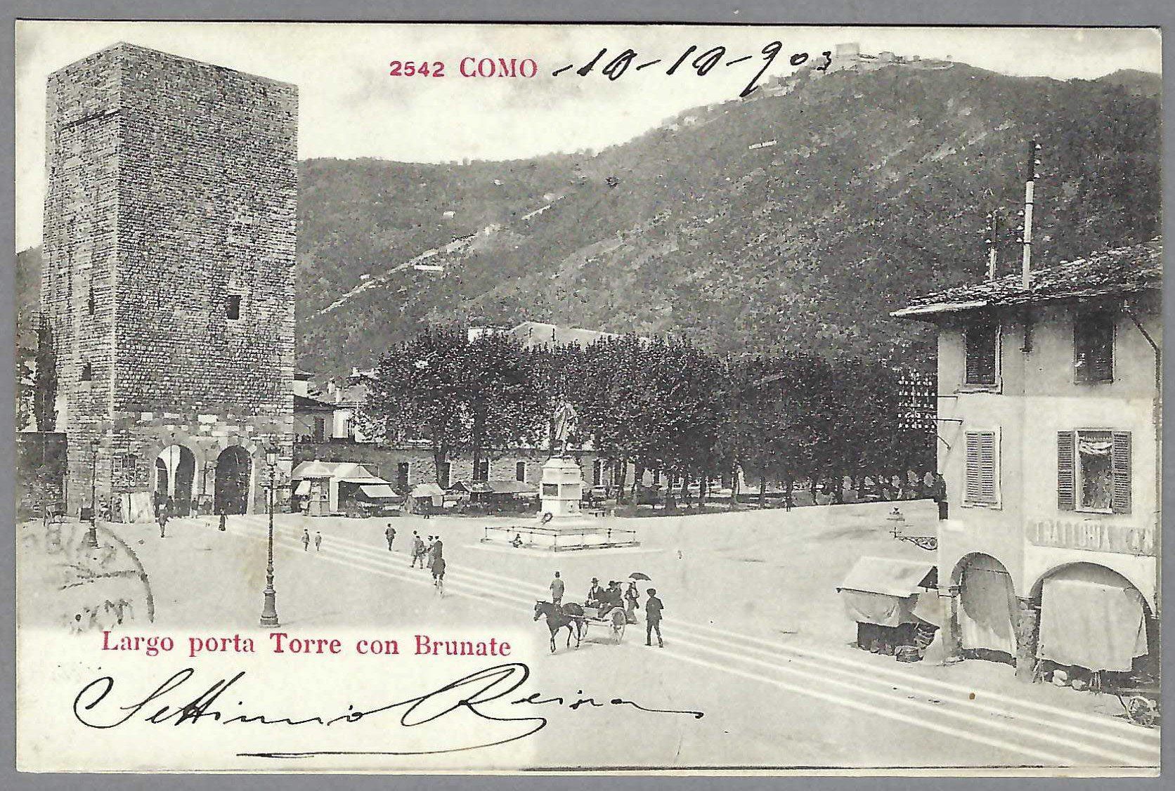 Cartoline postali: 1903, COMO, LARGO PORTA TORRE CON BRUNATE, ANIMATA – Usato da Pura venduto da ulisse1957