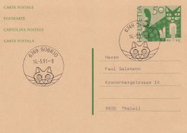 Ganzsache PK Katze Ersttag 6749 Sobrio TI (Faido) 14.5.1991