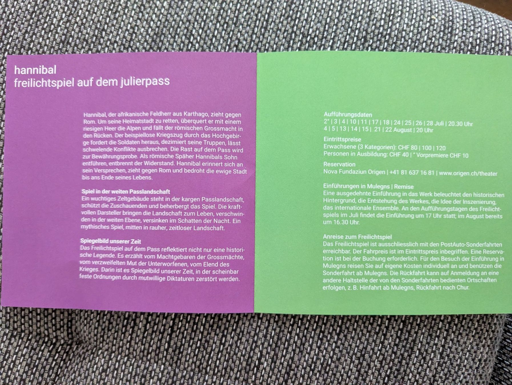 Tickets: Freilichtspiel Hannibal auf dem Julierpass, 2x 1. Kat. – Neu und originalverpackt aus Neuhausen am Rheinfall von Moccetti 1
