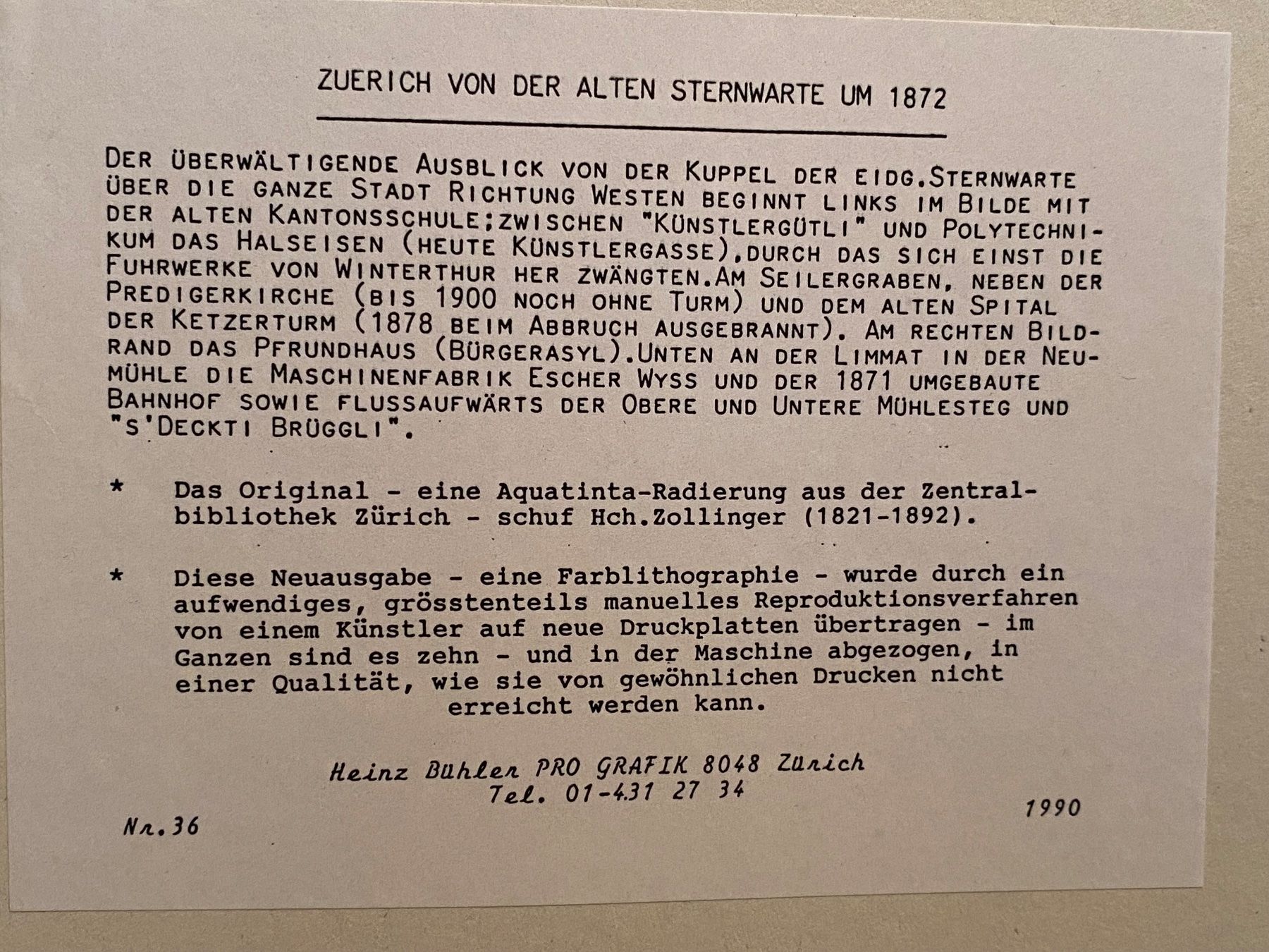 Grafica & Litografie: Farblithographie "Vue générale de Zurich" gerahmt – Usato da Greifensee venduto da Toggi11 1