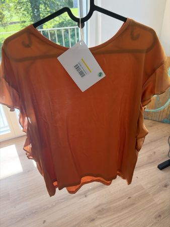 Maje T-Shirt orange mit Rüschen Grösse 2 neu mit Etikett