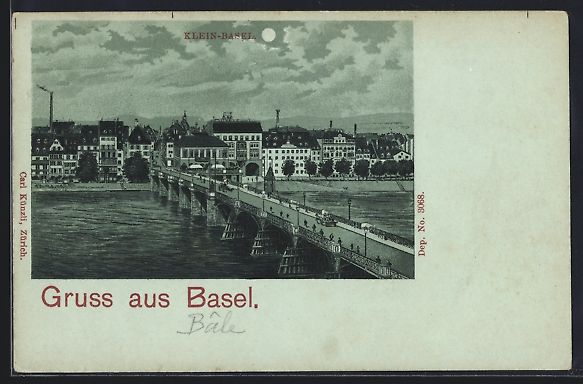 Cartoline postali: Mondschein-Lithographie Basel, Klein-Bas – Usato da Berlin venduto da bartko-reher