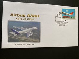 AIRBUS 380 Abflug Genf 21.1.10 mit ZN 746 + 2 Sonderstempel