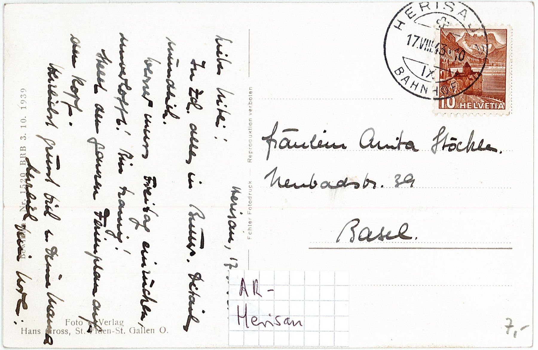 Ansichtskarten: AR 36 HERISAU mit Säntis 1943 – Gebraucht aus Fribourg von philafri 1