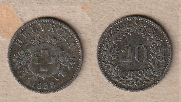 Toutes les monnaies: 20 Rappen 1858 Wappen – D'occasion à Allschwil par Coinfreak