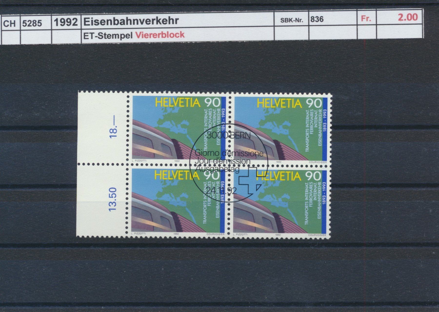 Tutti i francobolli: 1992 "Eisenbahnverkehr", Viererblock, ET - Stempel – Usato da Winterthur venduto da Zupogeru
