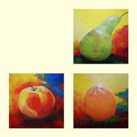 3 Acrylbilder Apfel Birne Orange 40x40cm auf Leinwand Set