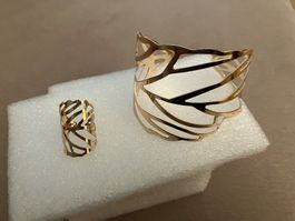 Sehr feines, goldfarbenes Schmuckset, Ring & Armreifen,Blatt