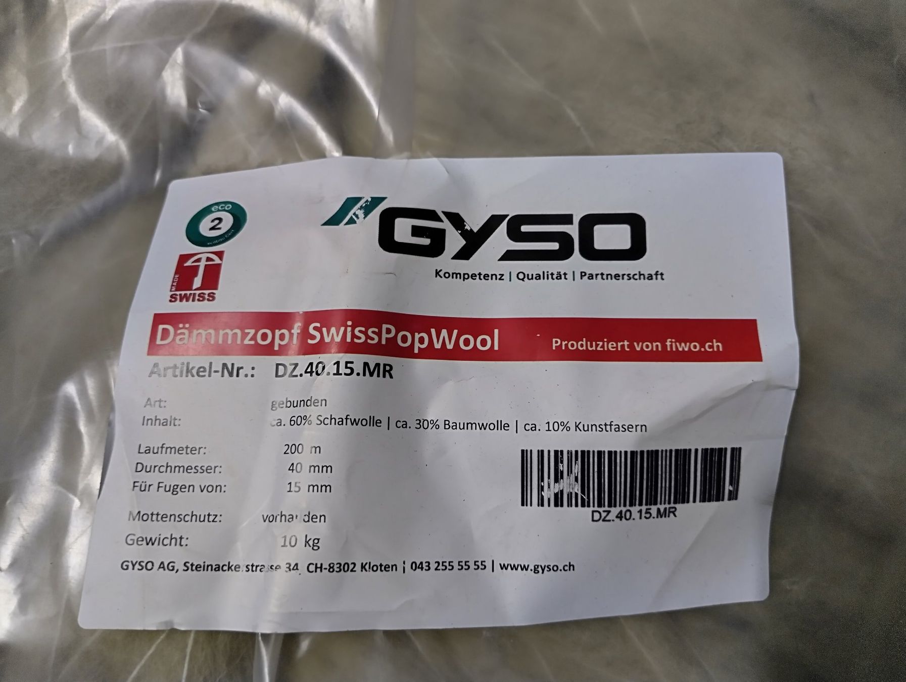 Materiale di riempimento: Swiss PopWool Dämmzopf DZ.40.15.MR – Nuovo e nell'imballaggio originale da Neunkirch venduto da StadtOaseGmbH
