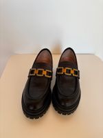 Black Leather Loafers with Gold Detail - Size 38