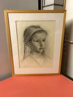 Zeichnung Mädchen mit Zöpfen,Signiert,gerahmt,Hinter Glas.