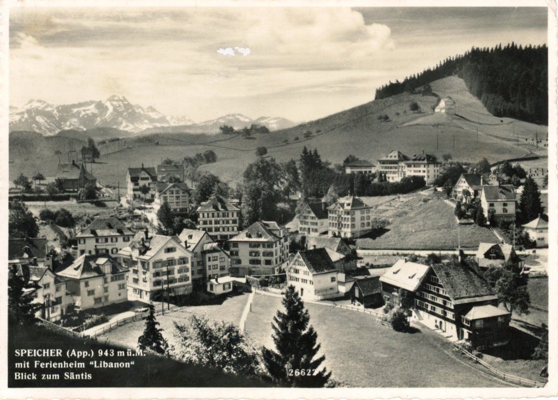 Cartoline postali: Speicher  AR   mit Ferienheim "Libanon"  -  Blick zum Säntis – Usato da Brig venduto da Valcards54