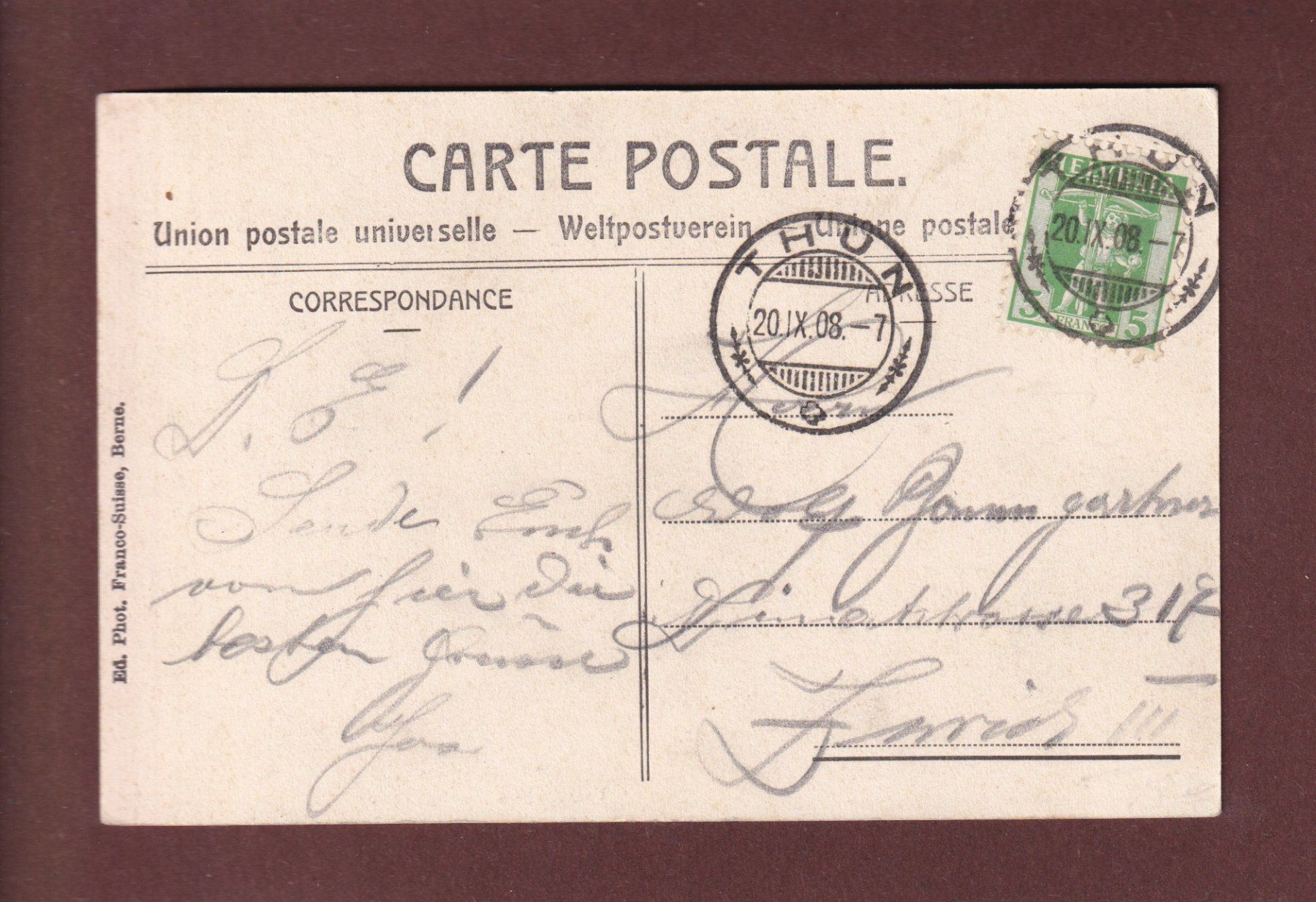 Cartes postales: THUN - Die Hauptgasse - Coiffeur - 1908 – D'occasion à Pully par nicecards 1