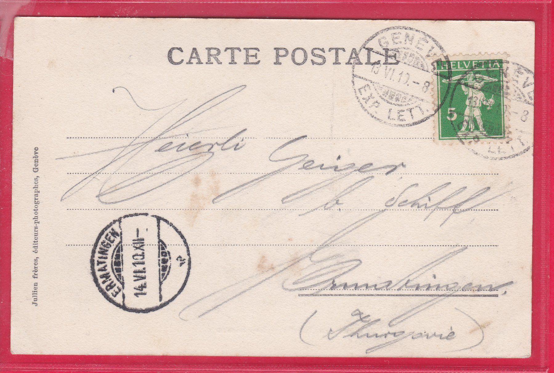 Cartoline postali: LA BELOTTE - LAC LÉMAN, 13.6.1910 – Usato da Oberrieden venduto da Gebirgsstelze 1