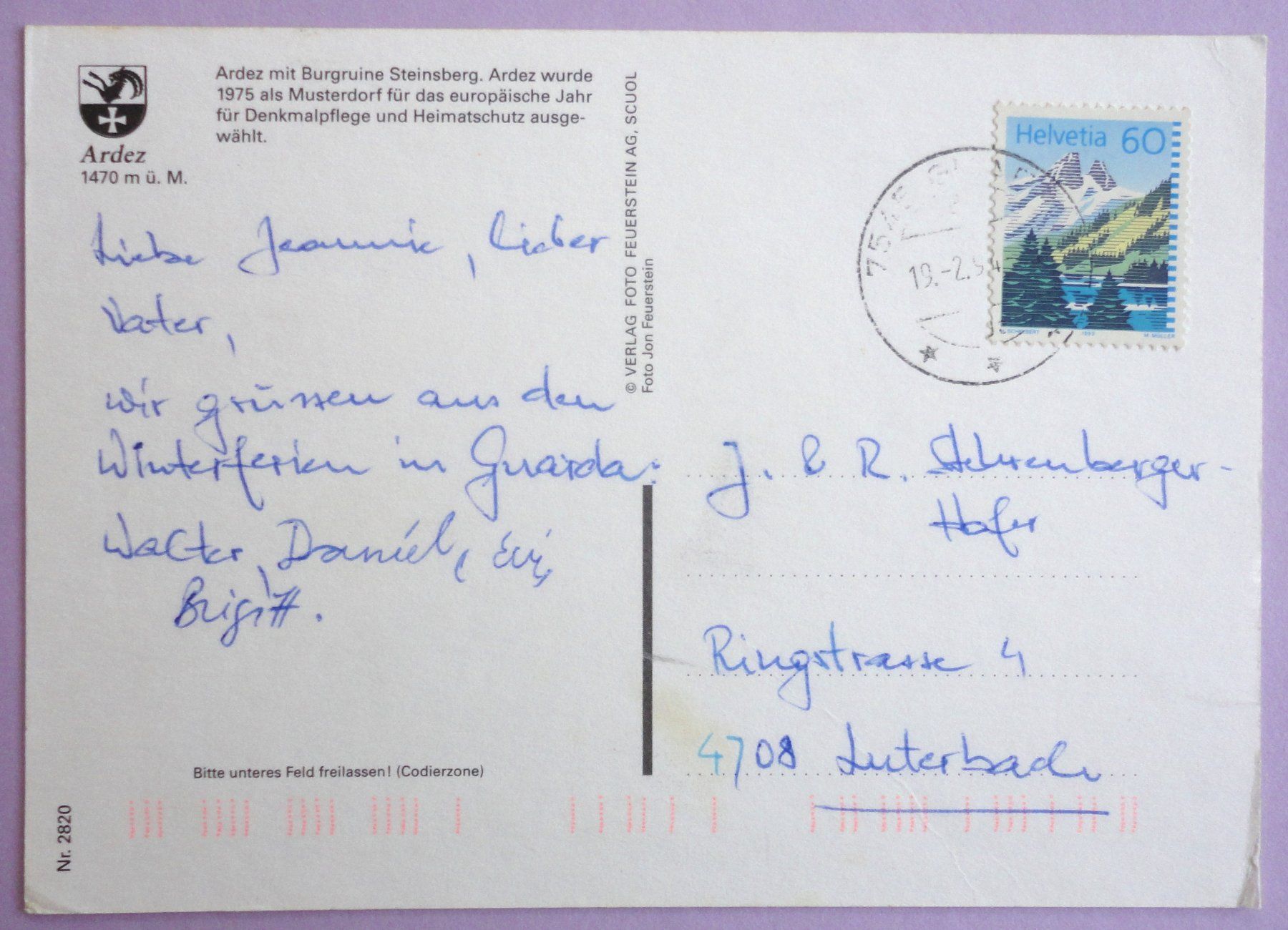Ansichtskarten: Ardez 1470 m ü.M. – Gebraucht aus Fétigny von Billy2miny 1