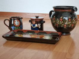 Handbemaltes Keramik-Set, gr. & kl. Krug, Dose, Platte