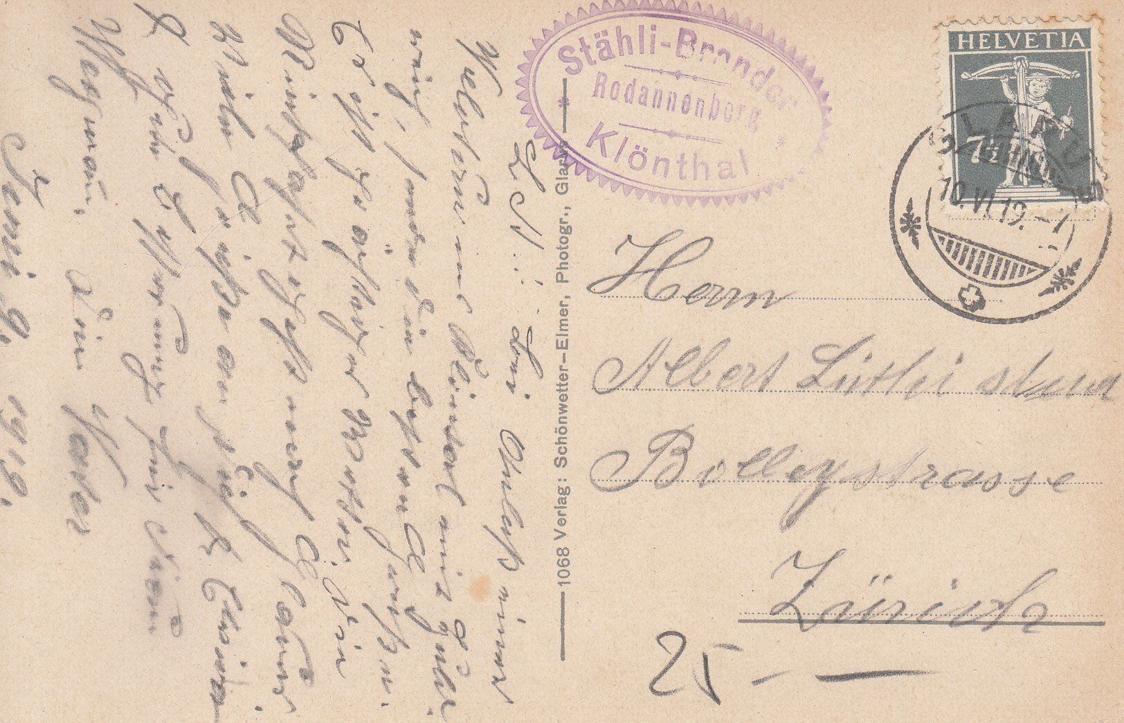 Ansichtskarten: Klöntal Rhodannenberg 1919 – Gebraucht aus Bürglen TG von StampGraf 1