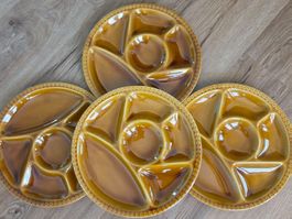 Vintage Gien France Fondue-Teller Set – Honiggelb, 1960s/70s
