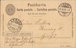 1907 AK Postkarte 5 Rp.  von Liestal nach Zürich