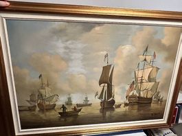 Tableau ancien, navires, huile sur toile
