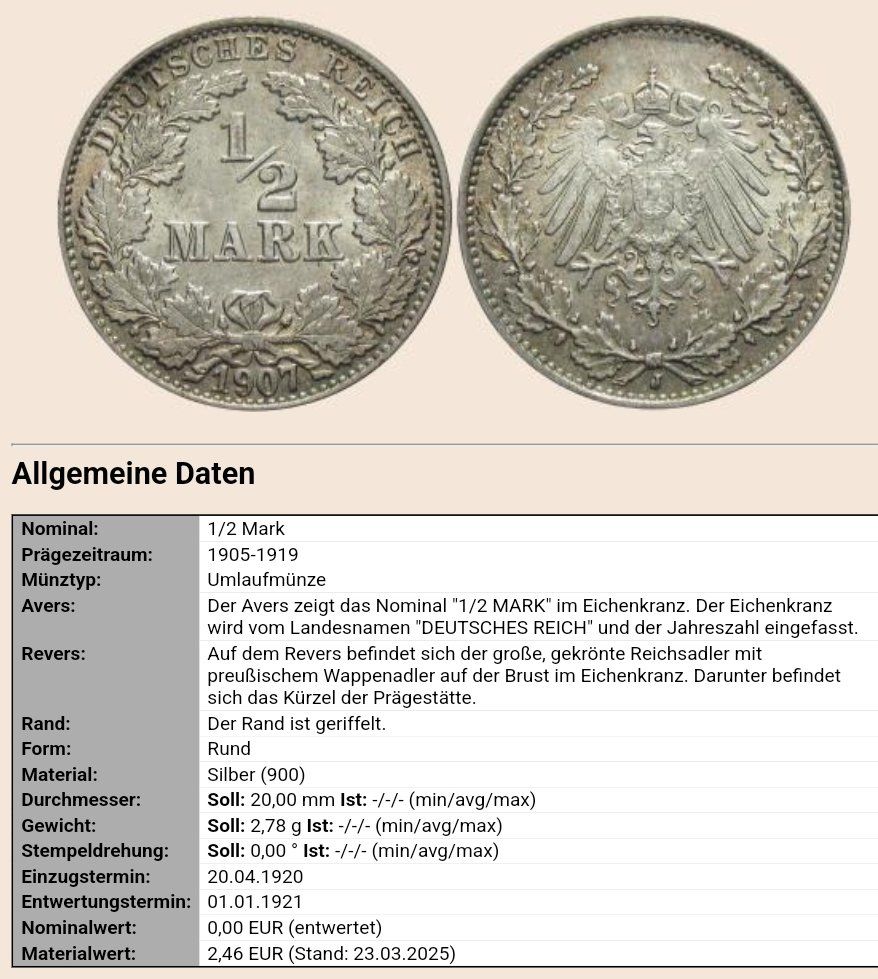 Alle Münzen: 1/2 Mark Deutsches Reich 1906 E – Gebraucht aus Lausanne von hdda 2