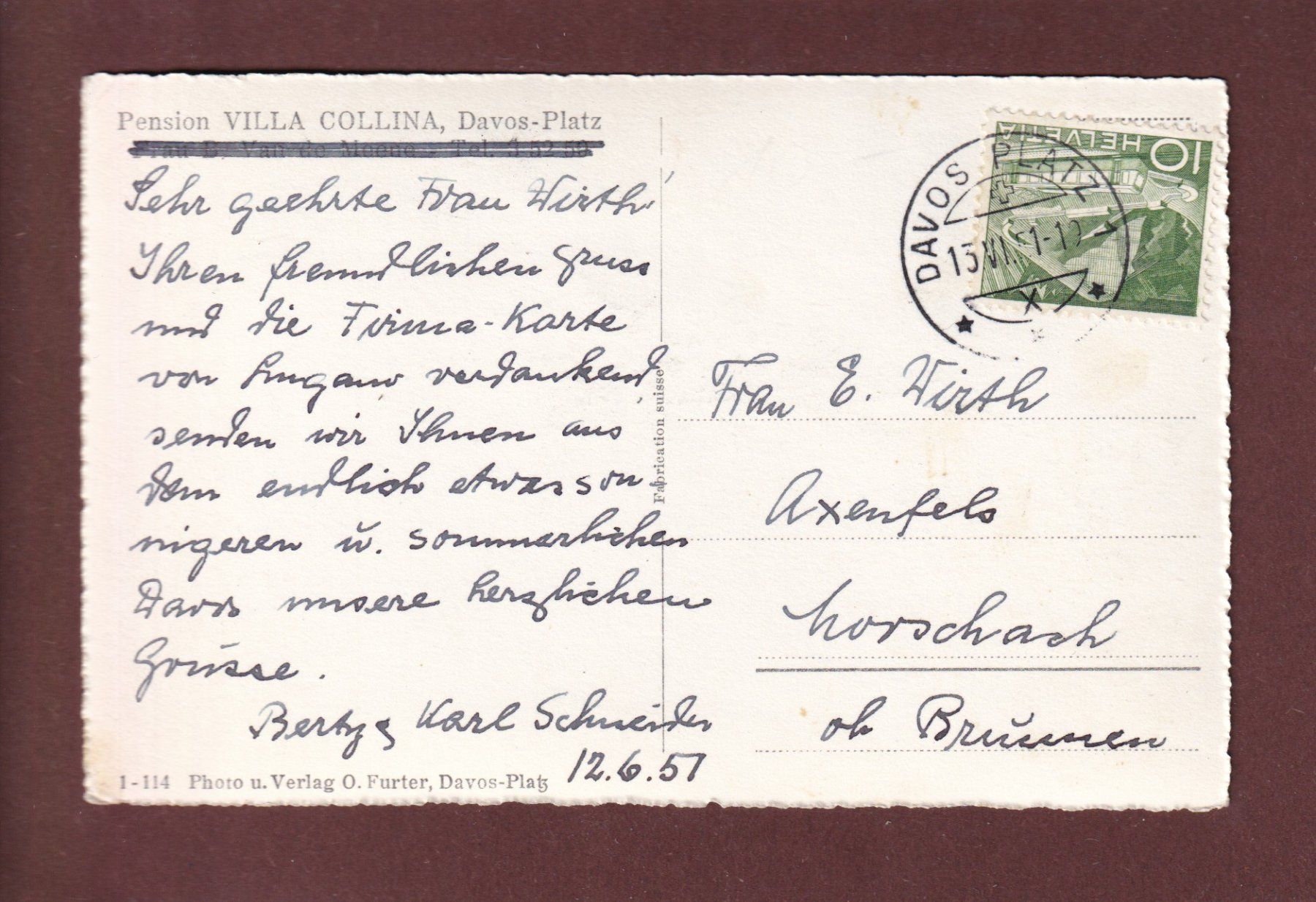 Cartoline postali: DAVOS-PLATZ - Pension Villa Collina - 1951 – Usato da Pully venduto da nicecards 1