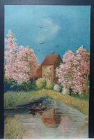 Frühlingslandschaft mit Fluss, Prägekarte, 1909
