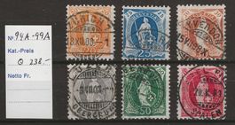 1907 : Stehende Helvetia Nr. 94A - 99A, KP 238.--