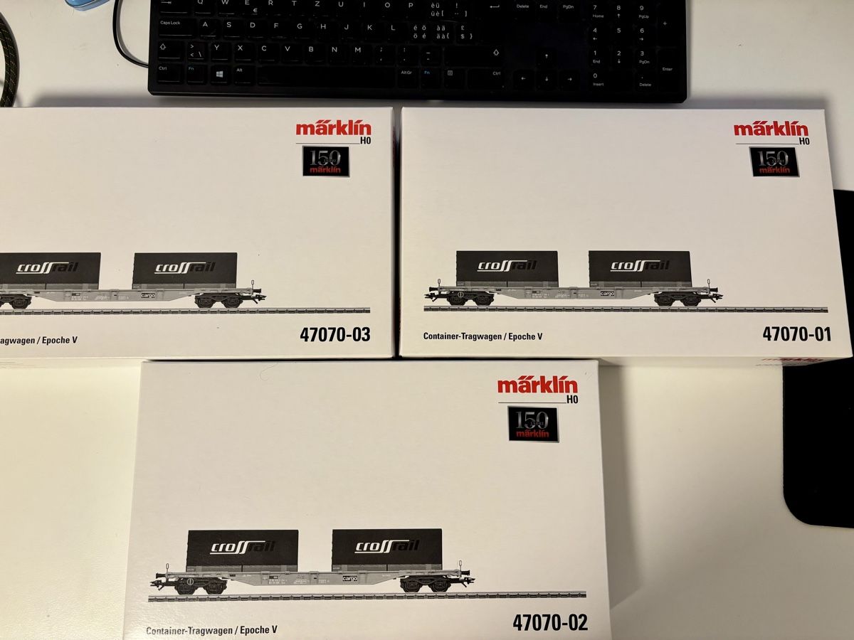 Märklin Modellini di ferrovie: Märklin 47070 H0 Containerwagen Set Crossrail  – Nuovo (secondo la descrizione) da Rüthi (Rheintal) venduto da Cytrixxxx 1
