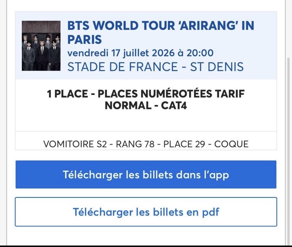Billets: bts arirang paris 17 juillet – Neuf (Voir description) à Villeret par Val2327